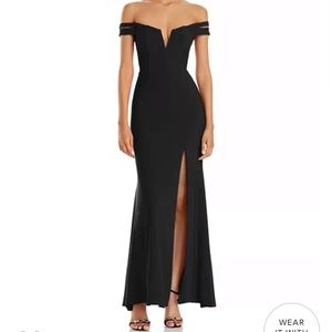 Aqua Navy Blue Velvet Off-the-Shoulder Gown
